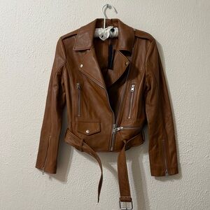 NWT Gianni Bini Leather Moto Jacket Cognac Genuine Leather Belted Zipper Size S